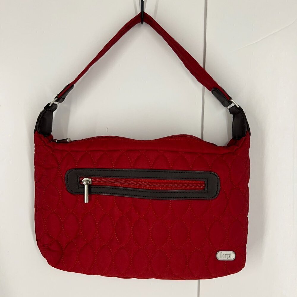 LUG Canter Collection Red Quilted Brown Accent Shoulder‎ Bag Purse